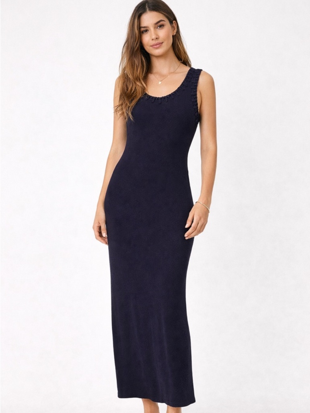 Camila Coelho Navy Sleeveless Ribbed Midi Dress